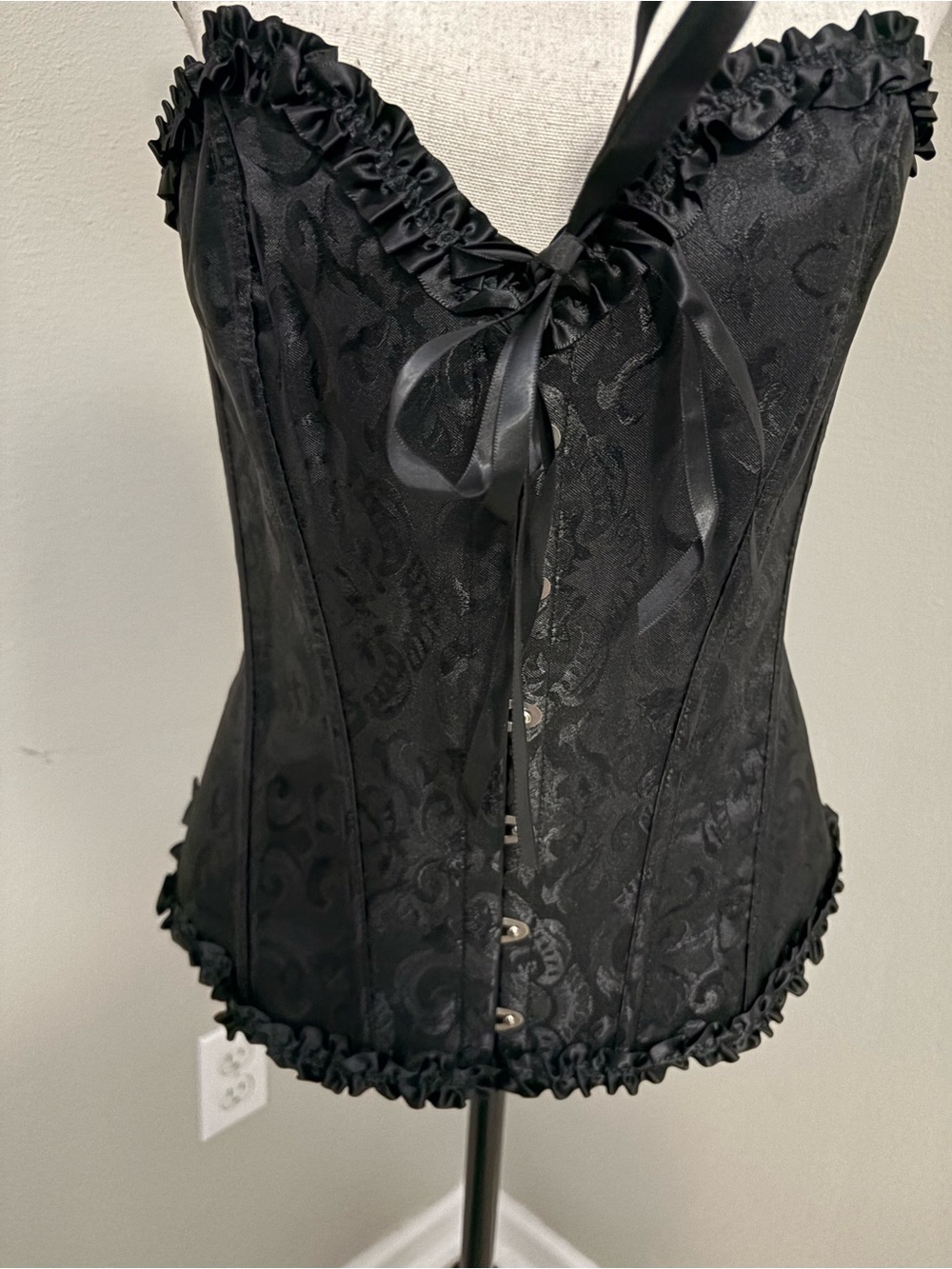 Black Brocade Ruffle Corset Top with Satin Ribbon
